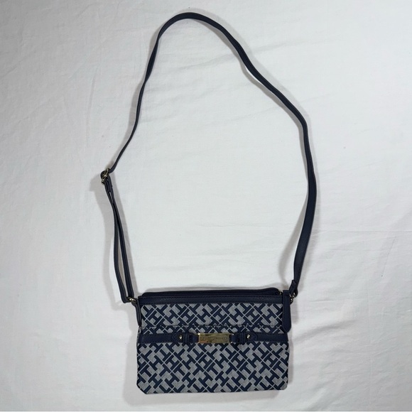 Tommy Hilfiger Handbags - Tommy Hilfiger Navy Monogram Jacquard Crossbody Bag Gold Logo Adjustable Strap